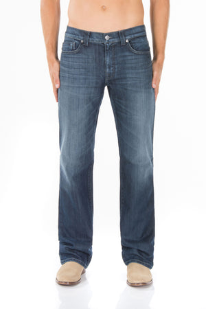 Low rise dark blue jeans for men with light fade and silver buttons